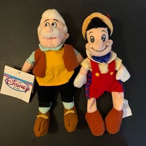 Disney Geppetto still has tag and Pinocchio Plush Duo - Red, Yellow, Brown